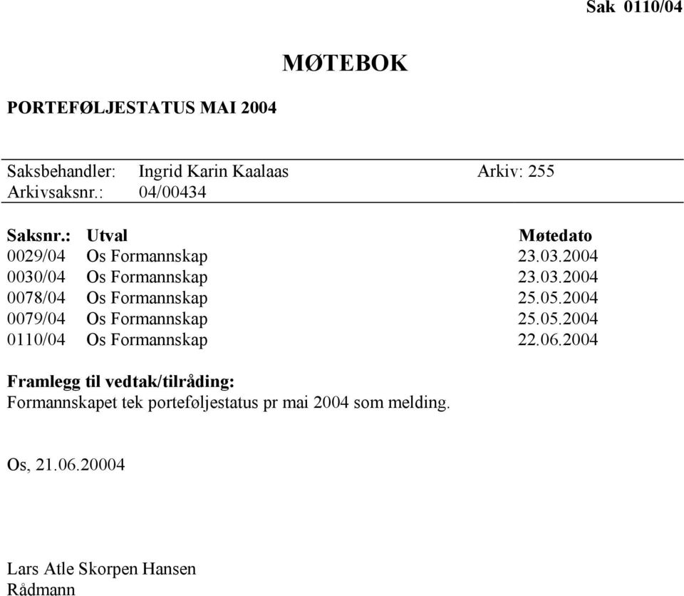 05.2004 0079/04 Os Formannskap 25.05.2004 0110/04 Os Formannskap 22.06.