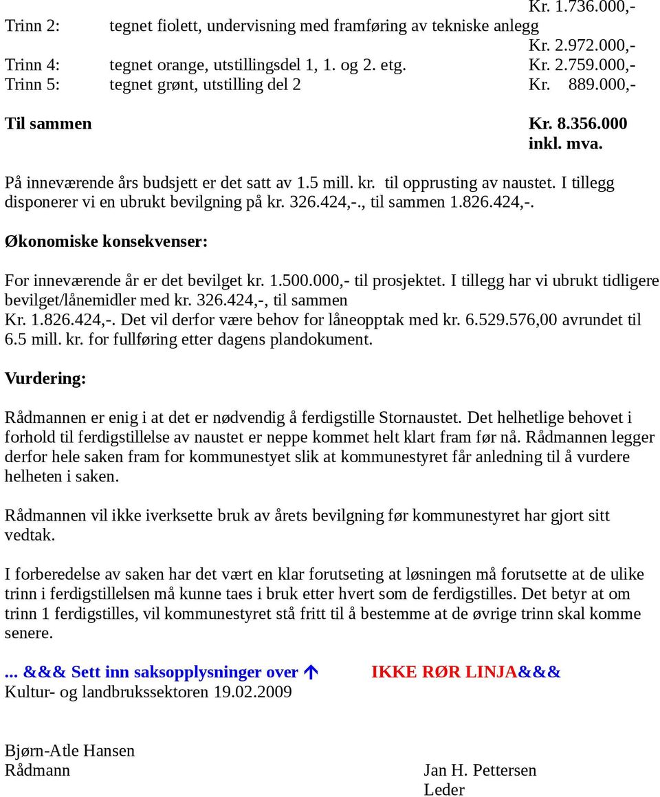 I tillegg disponerer vi en ubrukt bevilgning på kr. 326.424,-., til sammen 1.826.424,-. Økonomiske konsekvenser: For inneværende år er det bevilget kr. 1.500.000,- til prosjektet.