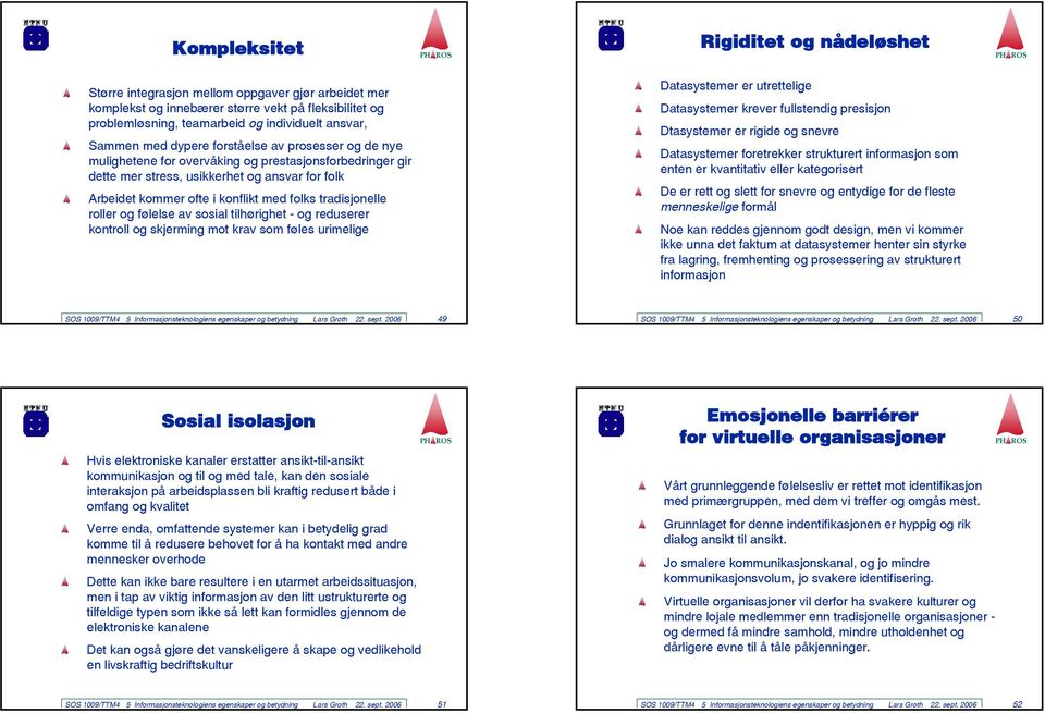 tradisjonelle roller og følelse av sosial tilhørighet - og reduserer kontroll og skjerming mot krav som føles urimelige Datasystemer er utrettelige Datasystemer krever fullstendig presisjon