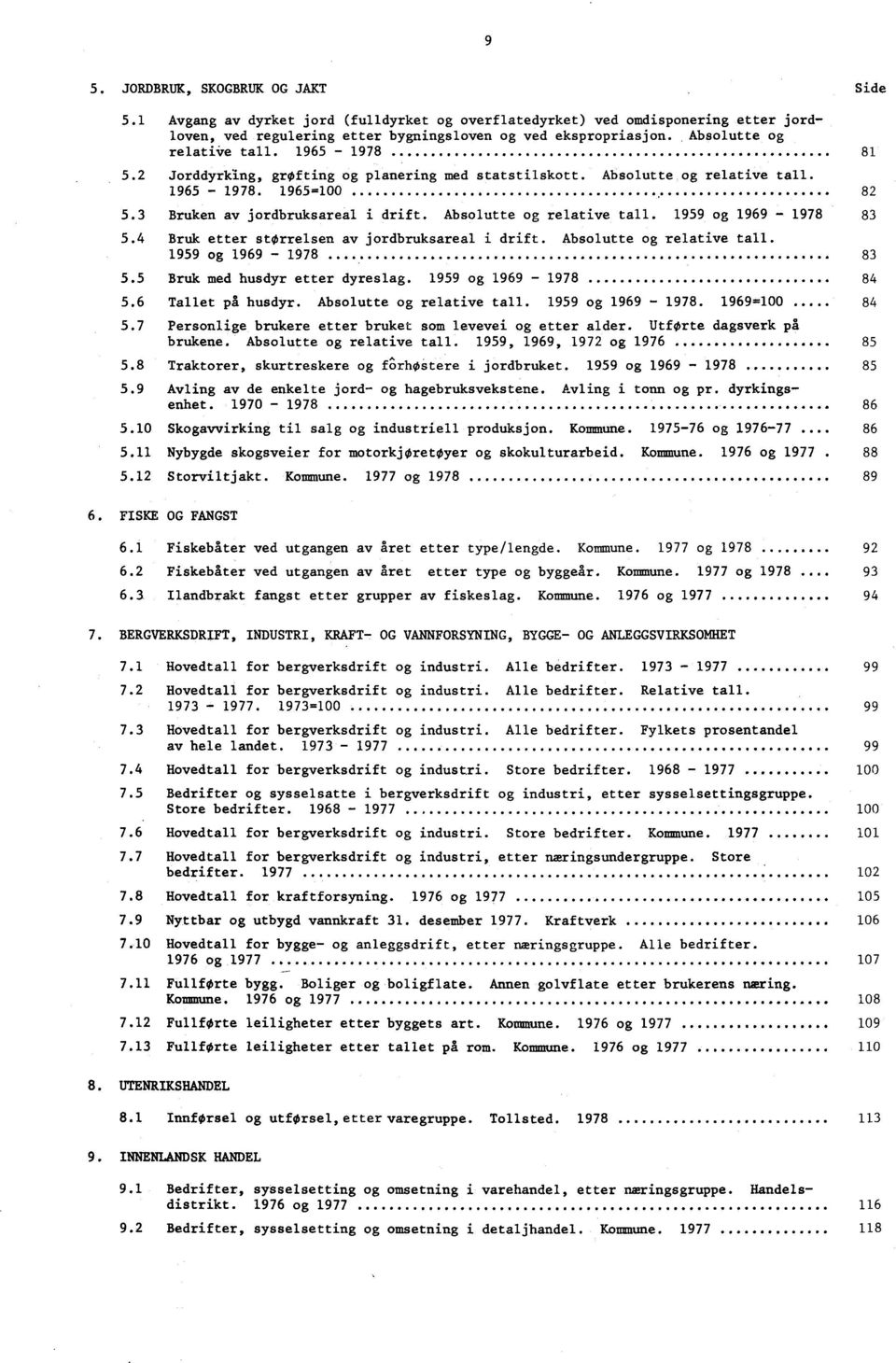 Absolutte og relative tall. 1959 og 1969-1978 83 5.4 Bruk etter størrelsen av jordbruksareal i drift. Absolutte og relative tall. 1959 og 1969-1978 83 5.5 Bruk med husdyr etter dyreslag.