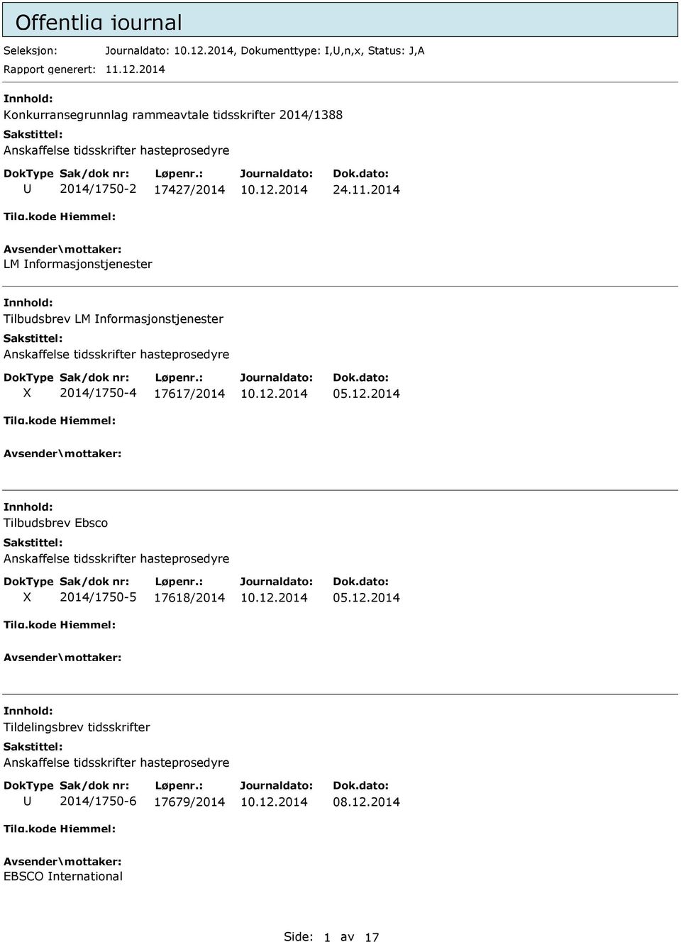 2014 LM nformasjonstjenester Tilbudsbrev LM nformasjonstjenester Anskaffelse tidsskrifter hasteprosedyre 2014/1750-4 17617/2014 05.12.