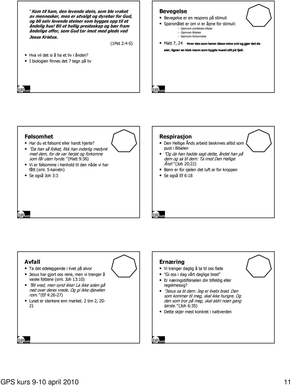 I biologien finnes det 7 tegn på liv (1Pet 2:4-5) Bevegelse Bevegelse er en respons på stimuli Spørsmålet er om vi er åpne for stimuli: Gjennom profetiske tiltaler Gjennom Bibelen Gjennom forkynnelse