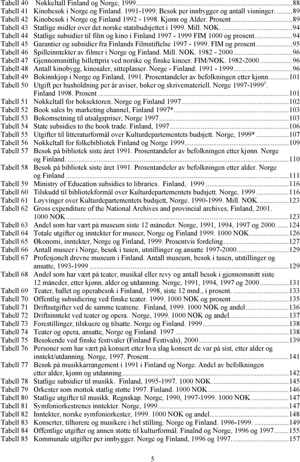 ..94 Tabell 45 Garantier og subsidier fra Finlands Filmstiftelse 1997-1999. FIM og prosent...95 Tabell 46 Spilleinntekter av filmer i Norge og Finland. Mill. NOK. 1982-2000.