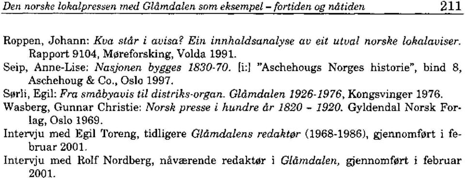 S0rli, Egil: Fra smdbyauis til distriks-organ. Gldmdalen 1926-1976, Kongsvinger 1976. Wasberg, Gunnar Christie: Norsk presse i hundre dr 1820-1920.