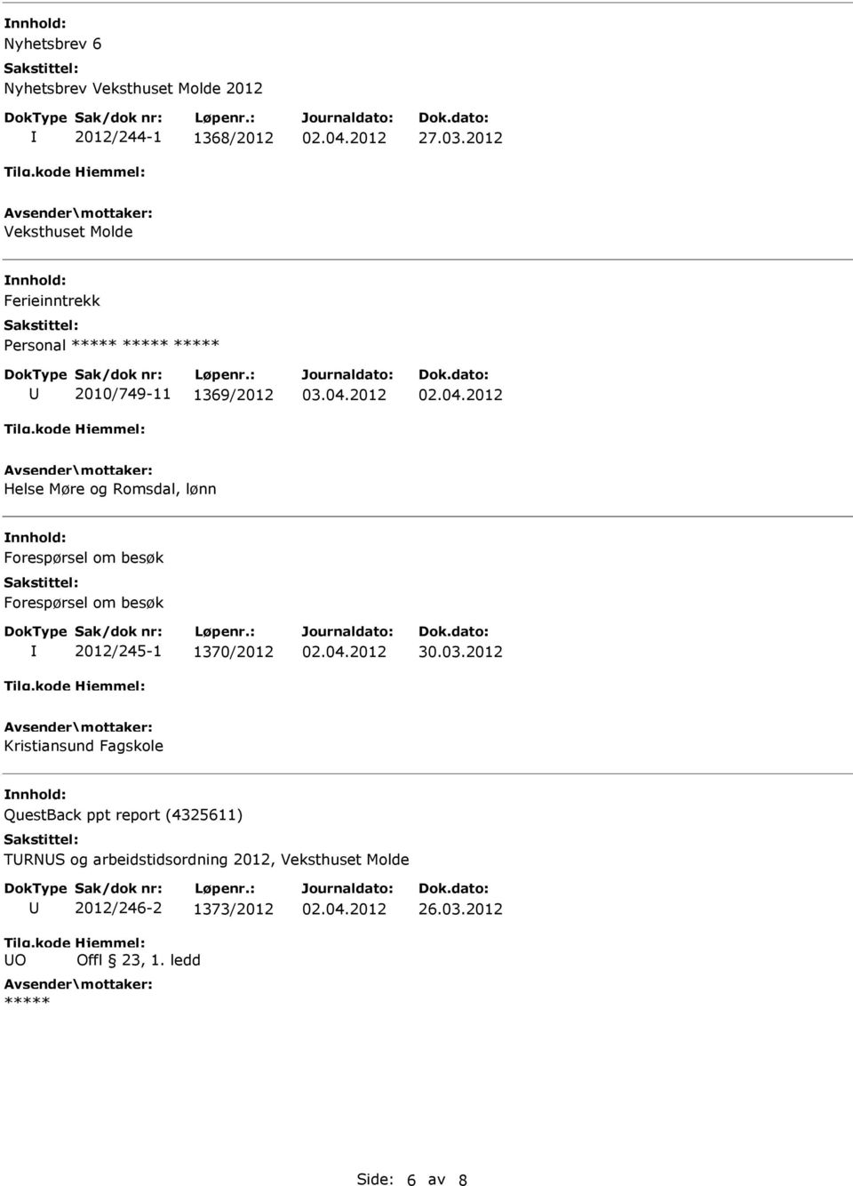 Forespørsel om besøk 2012/245-1 1370/2012 Kristiansund Fagskole QuestBack ppt report