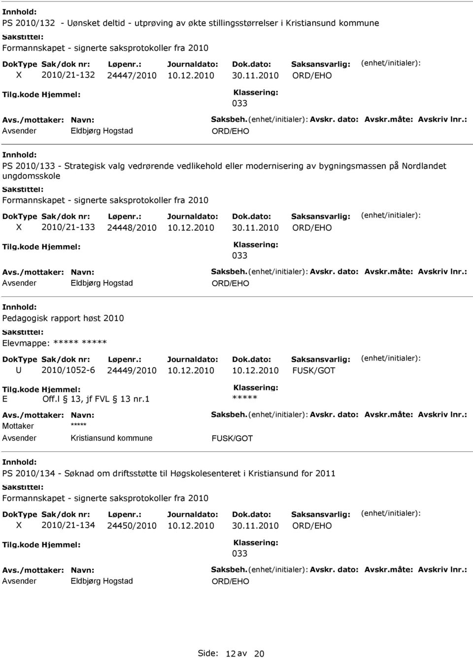 Avskr. dato: Avskr.måte: Avskriv lnr.: ldbjørg Hogstad Pedagogisk rapport høst 2010 levmappe: 2010/1052-6 24449/2010 FSK/GOT Avs./mottaker: Navn: Saksbeh. Avskr. dato: Avskr.måte: Avskriv lnr.: Mottaker FSK/GOT PS 2010/134 - Søknad om driftsstøtte til Høgskolesenteret i Kristiansund for 2011 2010/21-134 24450/2010 30.