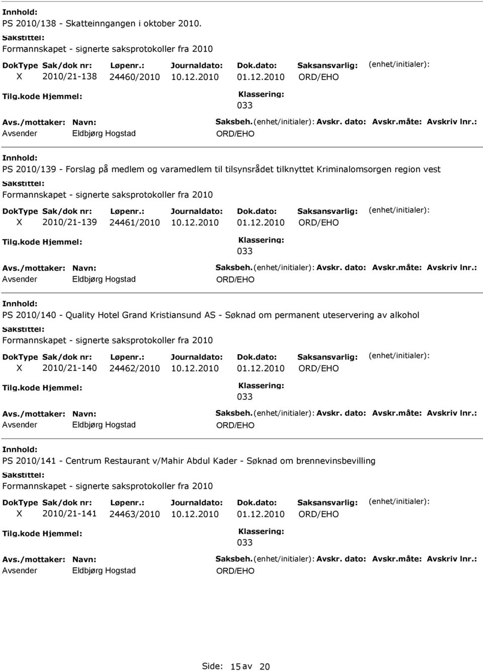 dato: Avskr.måte: Avskriv lnr.: ldbjørg Hogstad PS 2010/140 - Quality Hotel Grand Kristiansund AS - Søknad om permanent uteservering av alkohol 2010/21-140 24462/2010 01.12.2010 Avs.