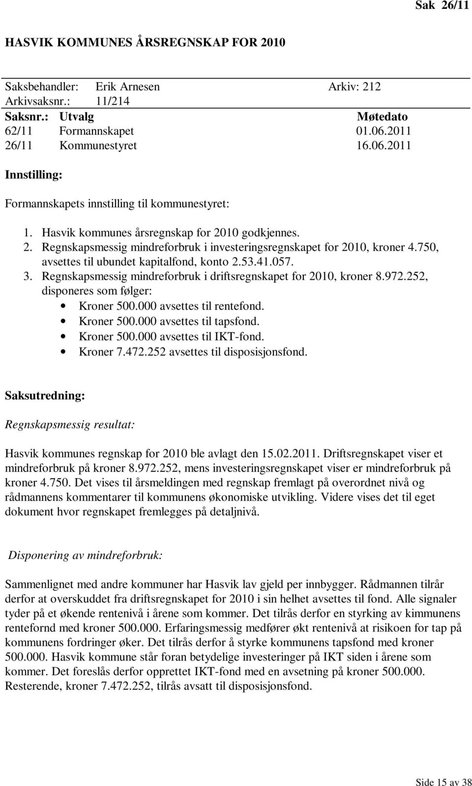 750, avsettes til ubundet kapitalfond, konto 2.53.41.057. 3. Regnskapsmessig mindreforbruk i driftsregnskapet for 2010, kroner 8.972.252, disponeres som følger: Kroner 500.000 avsettes til rentefond.