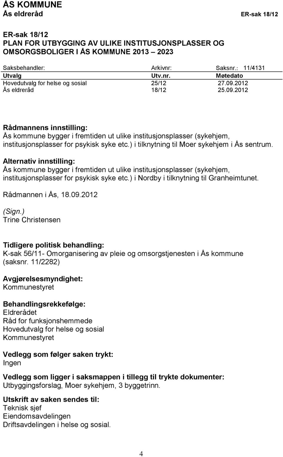 2012 Ås eldreråd 18/12 25.09.2012 Rådmannens innstilling: Ås kommune bygger i fremtiden ut ulike institusjonsplasser (sykehjem, institusjonsplasser for psykisk syke etc.