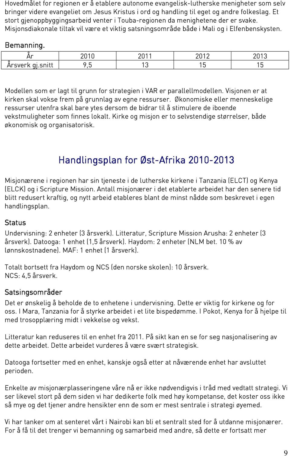 . År 2010 2011 2012 Årsverk gj.snitt 9,5 13 15 15 Modellen som er lagt til grunn for strategien i VAR er parallellmodellen. Visjonen er at kirken skal vokse frem på grunnlag av egne ressurser.