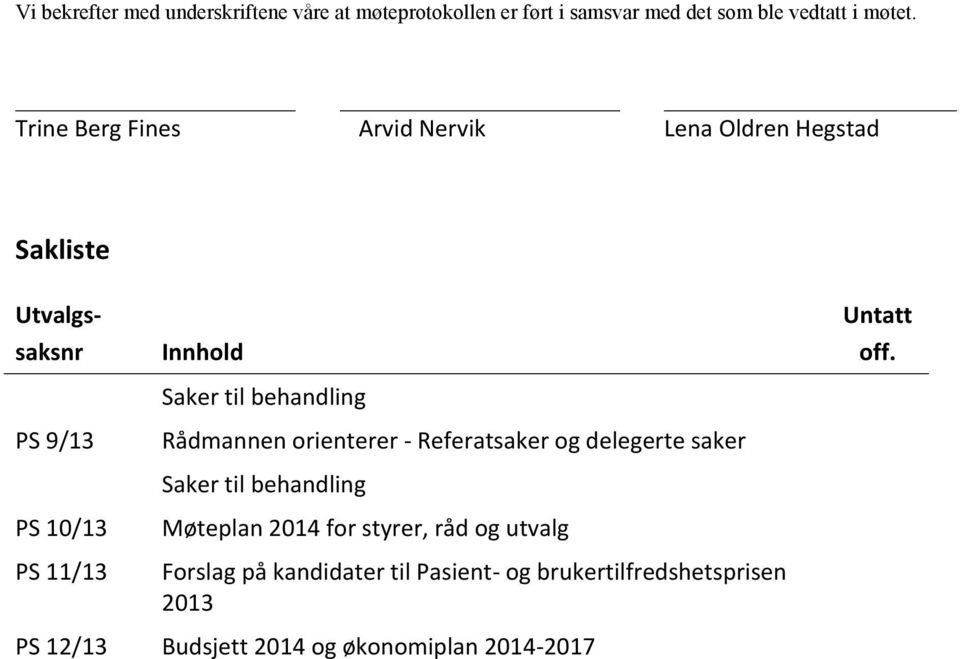 behandling Rådmannen orienterer - Referatsaker og delegerte saker Saker til behandling Møteplan 2014 for styrer, råd og