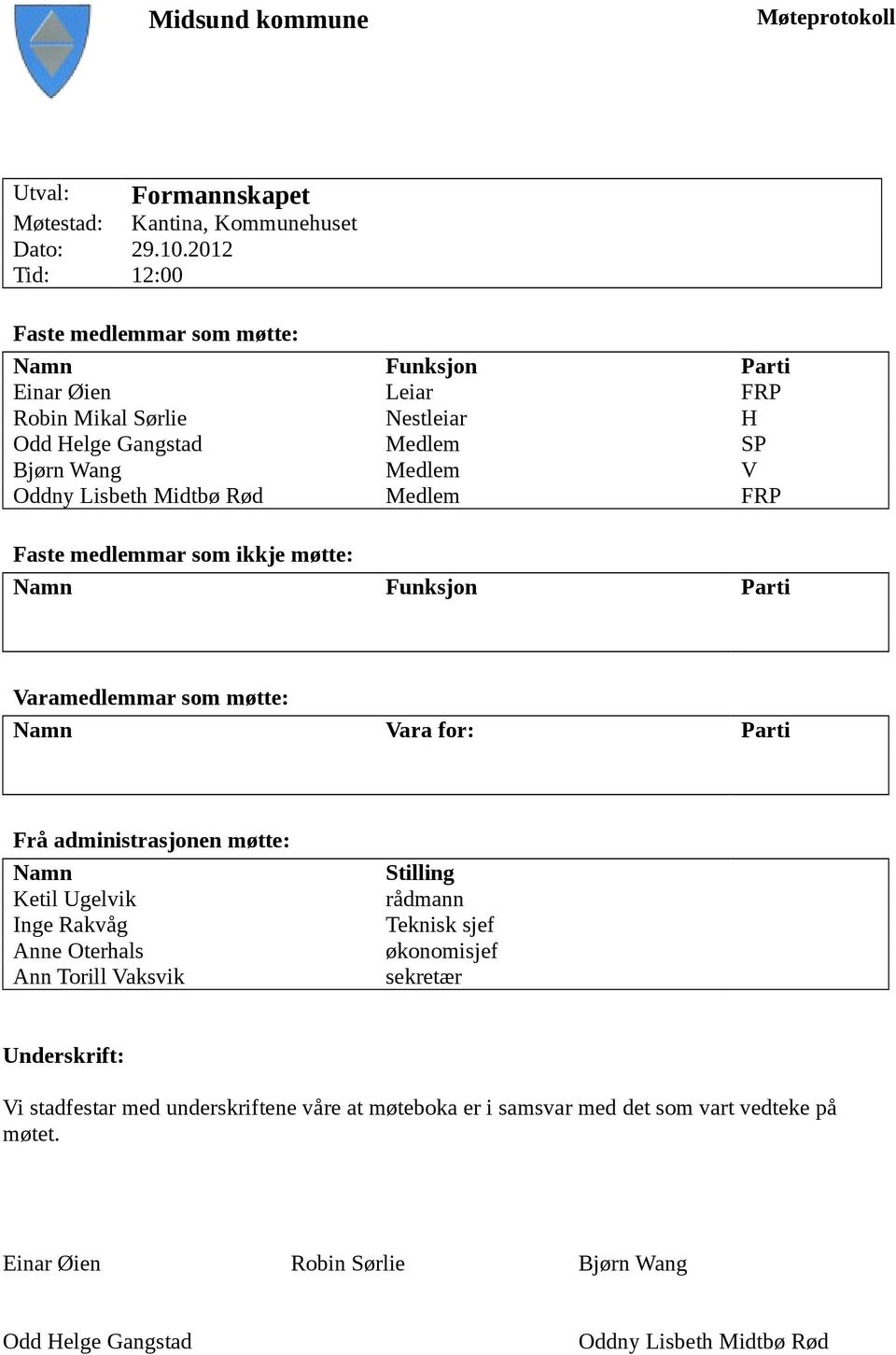 Midtbø Rød Medlem FRP Faste medlemmar som ikkje møtte: Namn Funksjon Parti Varamedlemmar som møtte: Namn Vara for: Parti Frå administrasjonen møtte: Namn Ketil Ugelvik Inge Rakvåg