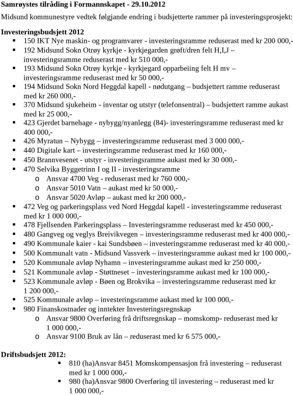 200 000,- 192 Midsund Sokn Otrøy kyrkje - kyrkjegarden grøft/dren felt H,I,J investeringsramme reduserast med kr 510 000,- 193 Midsund Sokn Otrøy kyrkje - kyrkjegard opparbeiing felt H mv