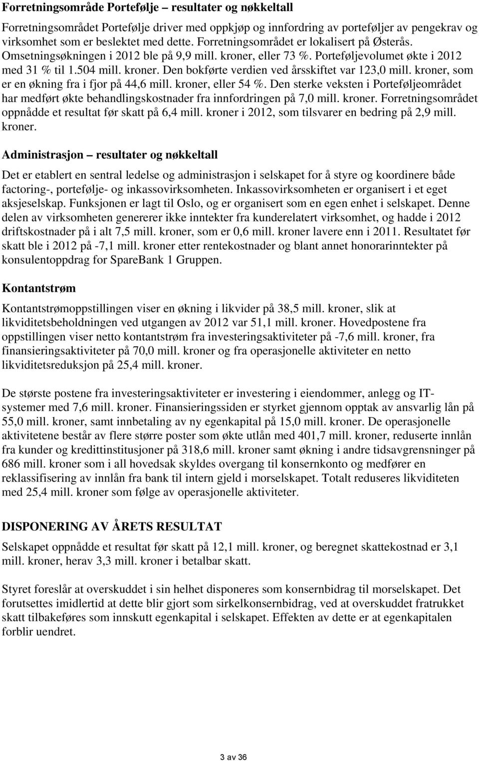 kroner, som er en økning fra i fjor på 44,6 mill. kroner, eller 54 %. Den sterke veksten i Porteføljeområdet har medført økte behandlingskostnader fra innfordringen på 7,0 mill. kroner. Forretningsområdet oppnådde et resultat før skatt på 6,4 mill.