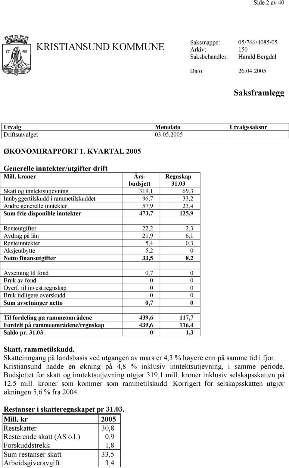 03 Skatt og inntektsutjevning 319,1 69,3 Innbyggertilskudd i rammetilskuddet 96,7 33,2 Andre generelle inntekter 57,9 23,4 Sum frie disponible inntekter 473,7 125,9 Renteutgifter 22,2 2,3 Avdrag på