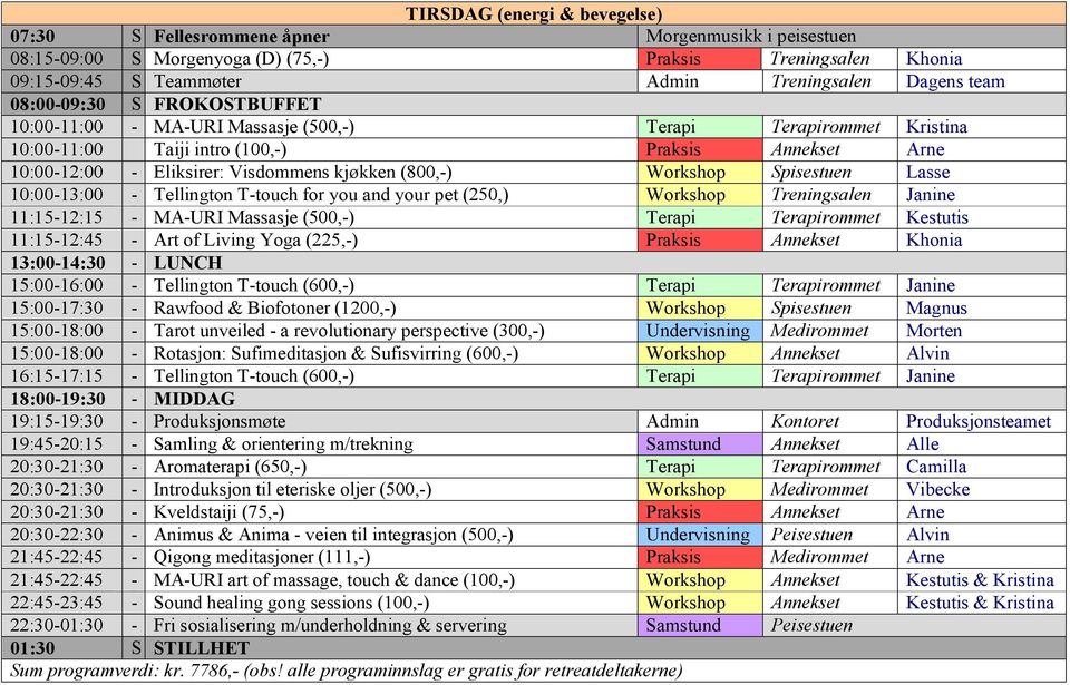 (800,-) Workshop Spisestuen Lasse 10:00-13:00 - Tellington T-touch for you and your pet (250,) Workshop Treningsalen Janine 11:15-12:15 - MA-URI Massasje (500,-) Terapi Terapirommet Kestutis