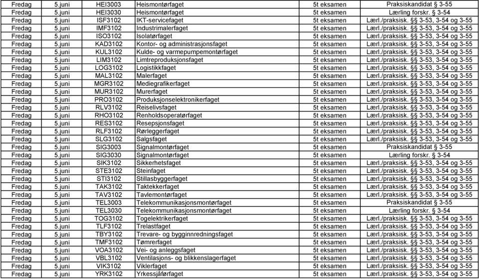 /praksisk. 3-53, 3-54 og 3-55 Fredag 5.juni KUL3102 Kulde- og varmepumpemontørfaget 5t eksamen Lærl./praksisk. 3-53, 3-54 og 3-55 Fredag 5.juni LIM3102 Limtreproduksjonsfaget 5t eksamen Lærl.