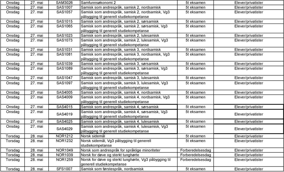 mai SAS1065 Samisk som andrespråk, samisk 2, sørsamisk, Vg3 5t eksamen Onsdag 27. mai SAS1023 Samisk som andrespråk, samisk 2, lulesamisk 5t eksamen Onsdag 27.