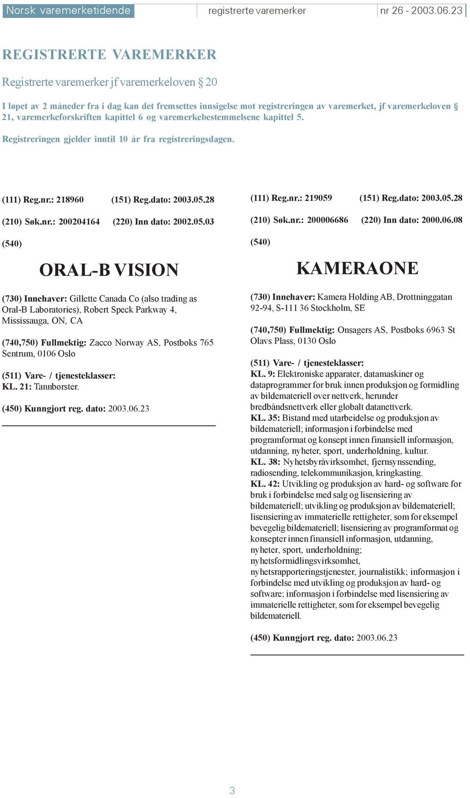 varemerkeforskriften kapittel 6 og varemerkebestemmelsene kapittel 5. Registreringen gjelder inntil 10 år fra registreringsdagen. (111) Reg.nr.: 218960 (151) Reg.dato: 2003.05.28 (210) Søk.nr.: 200204164 (220) Inn dato: 2002.