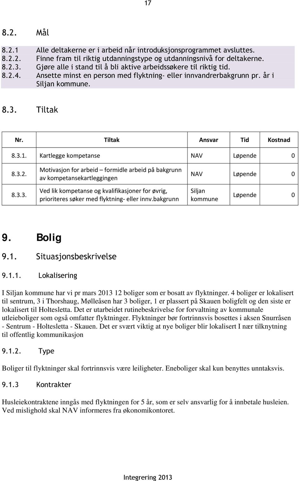 Tiltak Ansvar Tid Kostnad 8.3.1. Kartlegge kompetanse NAV Løpende 0 8.3.2. Motivasjon for arbeid formidle arbeid på bakgrunn av kompetansekartleggingen NAV Løpende 0 8.3.3. Ved lik kompetanse og kvalifikasjoner for øvrig, prioriteres søker med flyktning eller innv.