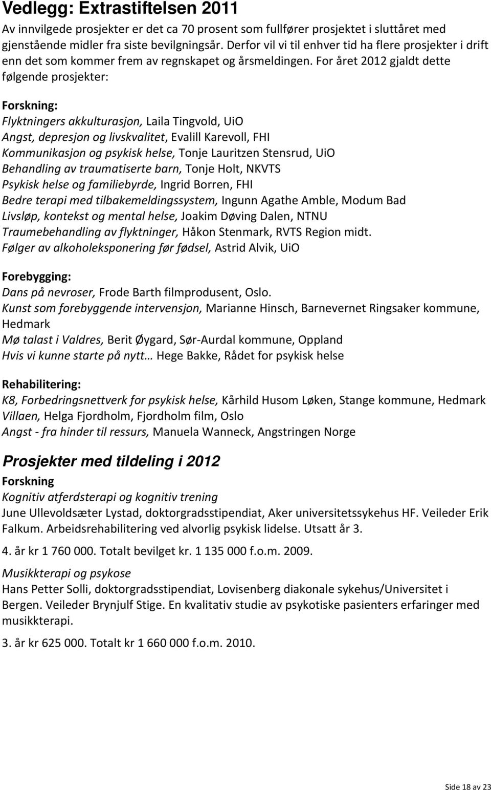 For året 2012 gjaldt dette følgende prosjekter: Forskning: Flyktningers akkulturasjon, Laila Tingvold, UiO Angst, depresjon og livskvalitet, Evalill Karevoll, FHI Kommunikasjon og psykisk helse,