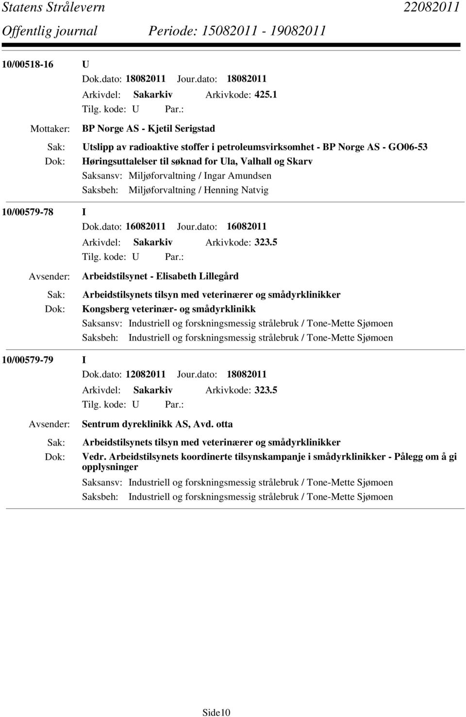 Ingar Amundsen Saksbeh: Miljøforvaltning / Henning Natvig 10/00579-78 I Dok.dato: 16082011 Jour.dato: 16082011 Arkivdel: Sakarkiv Arkivkode: 323.