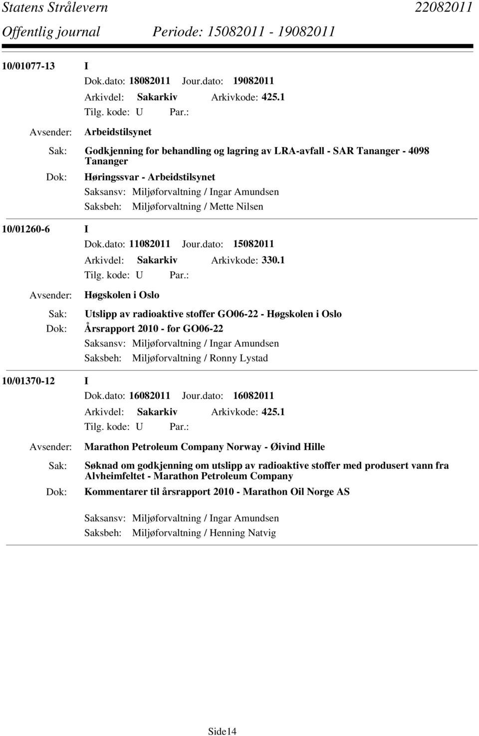 Miljøforvaltning / Mette Nilsen 10/01260-6 I Dok.dato: 11082011 Jour.dato: 15082011 Arkivdel: Sakarkiv Arkivkode: 330.