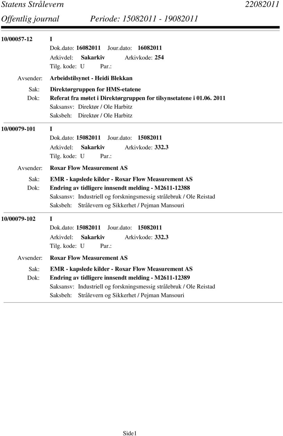 2011 Saksansv: Direktør / Ole Harbitz Saksbeh: Direktør / Ole Harbitz 10/00079-101 I Dok.dato: 15082011 Jour.dato: 15082011 Arkivdel: Sakarkiv Arkivkode: 332.