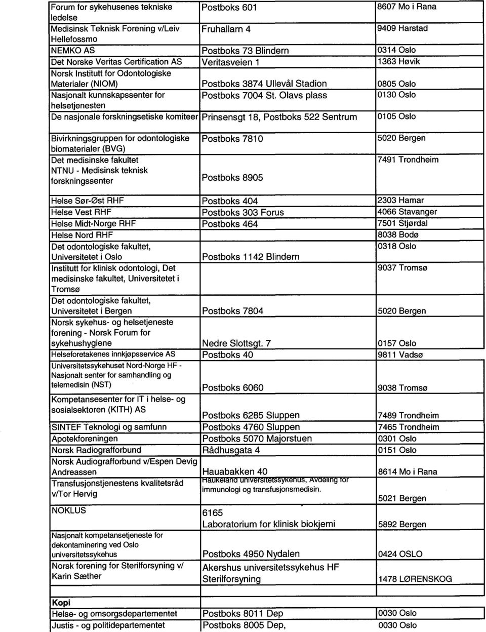 Olavs plass helsetjenesten De nasjonale forskningsetiske komiteer Prinsensgt 18, Postboks 522 Sentrum 8607 Mo i Rana 9409 Harstad 0314 Oslo 1363 Høvik 0805 Oslo 0130 Oslo 0105 Oslo Bivirkningsgruppen