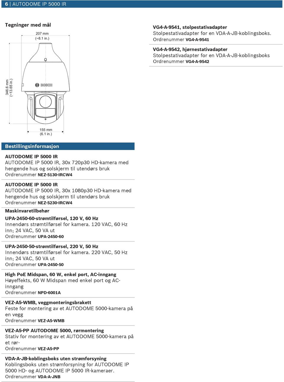 ) Bestillingsinformasjon AUTODOME IP 5000 IR AUTODOME IP 5000 IR, 30x 720p30 HD-kamera med hengende hs og solskjerm til tendørs brk Ordrenmmer NEZ-5130-IRCW4 AUTODOME IP 5000 IR AUTODOME IP 5000 IR,