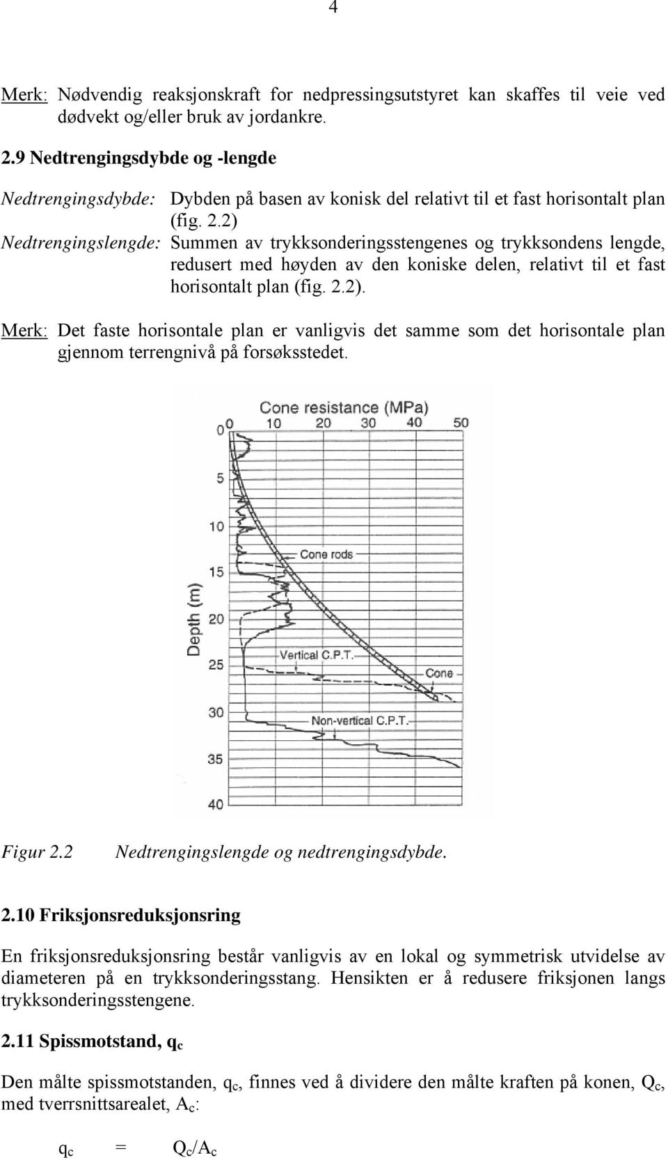 2) Nedtrengingslengde: Summen av trykksonderingsstengenes og trykksondens lengde, redusert med høyden av den koniske delen, relativt til et fast horisontalt plan (fig. 2.2). Merk: Det faste horisontale plan er vanligvis det samme som det horisontale plan gjennom terrengnivå på forsøksstedet.