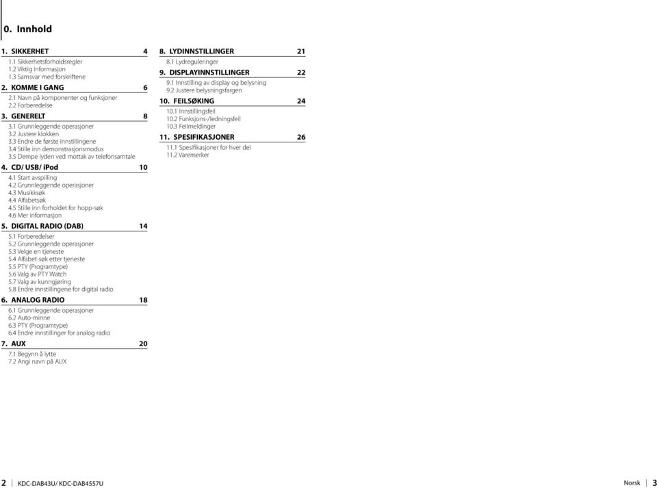1 Start avspilling 4.2 Grunnleggende operasjoner 4.3 Musikksøk 4.4 Alfabetsøk 4.5 Stille inn forholdet for hopp-søk 4.6 Mer informasjon 5. DIGITAL RADIO (DAB) 14 5.1 Forberedelser 5.