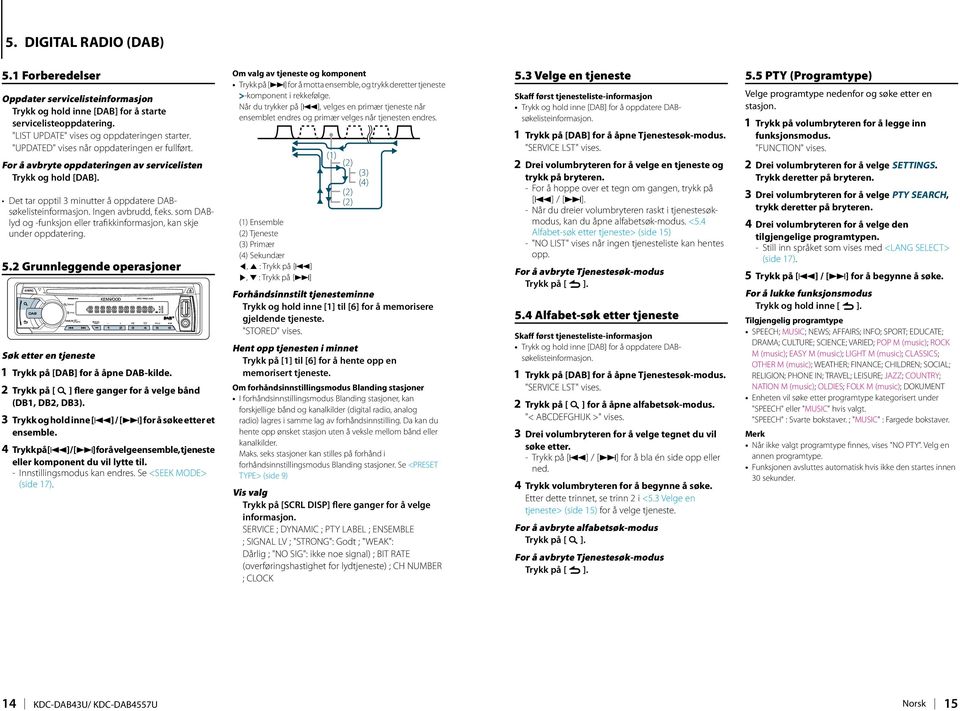 som DABlyd og -funksjon eller trafikkinformasjon, kan skje under oppdatering. 5.2 Grunnleggende operasjoner Søk etter en tjeneste 1 Trykk på [DAB] for å åpne DAB-kilde.