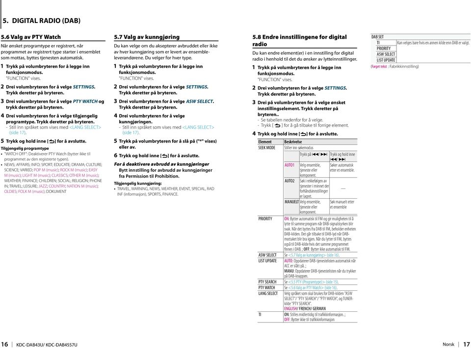 5 Trykk og hold inne [6] for å avslutte. Tilgjengelig programtype "WATCH OFF": Deaktiverer PTY Watch (bytter ikke til programmet av den registrerte typen).