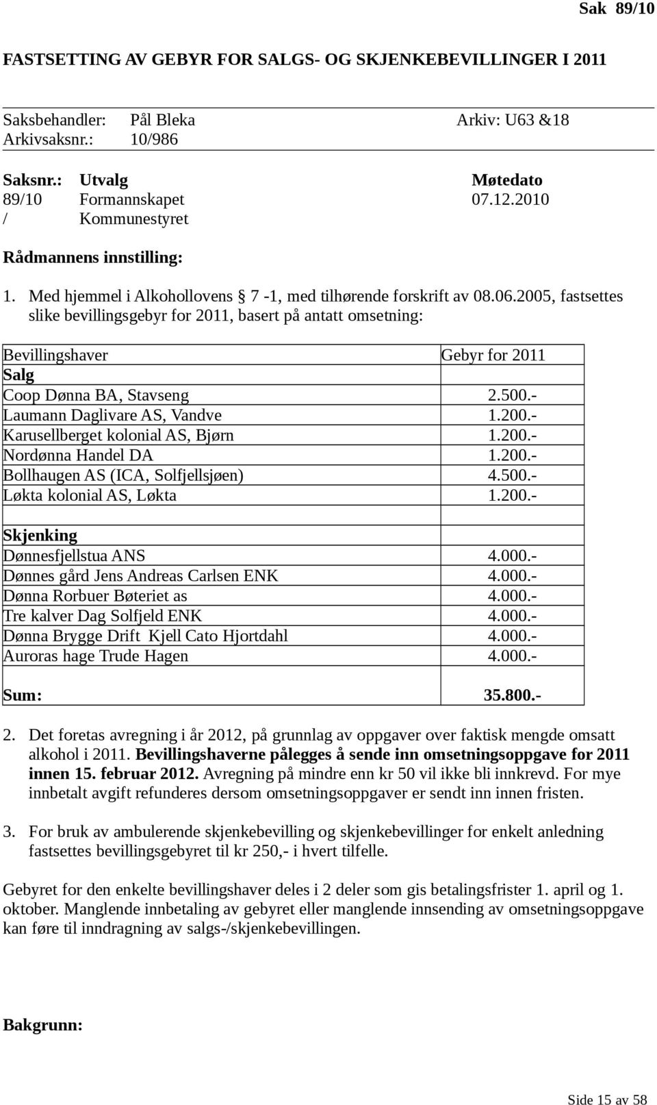 2005, fastsettes slike bevillingsgebyr for 2011, basert på antatt omsetning: Bevillingshaver Gebyr for 2011 Salg Coop Dønna BA, Stavseng 2.500.- Laumann Daglivare AS, Vandve 1.200.- Karusellberget kolonial AS, Bjørn 1.