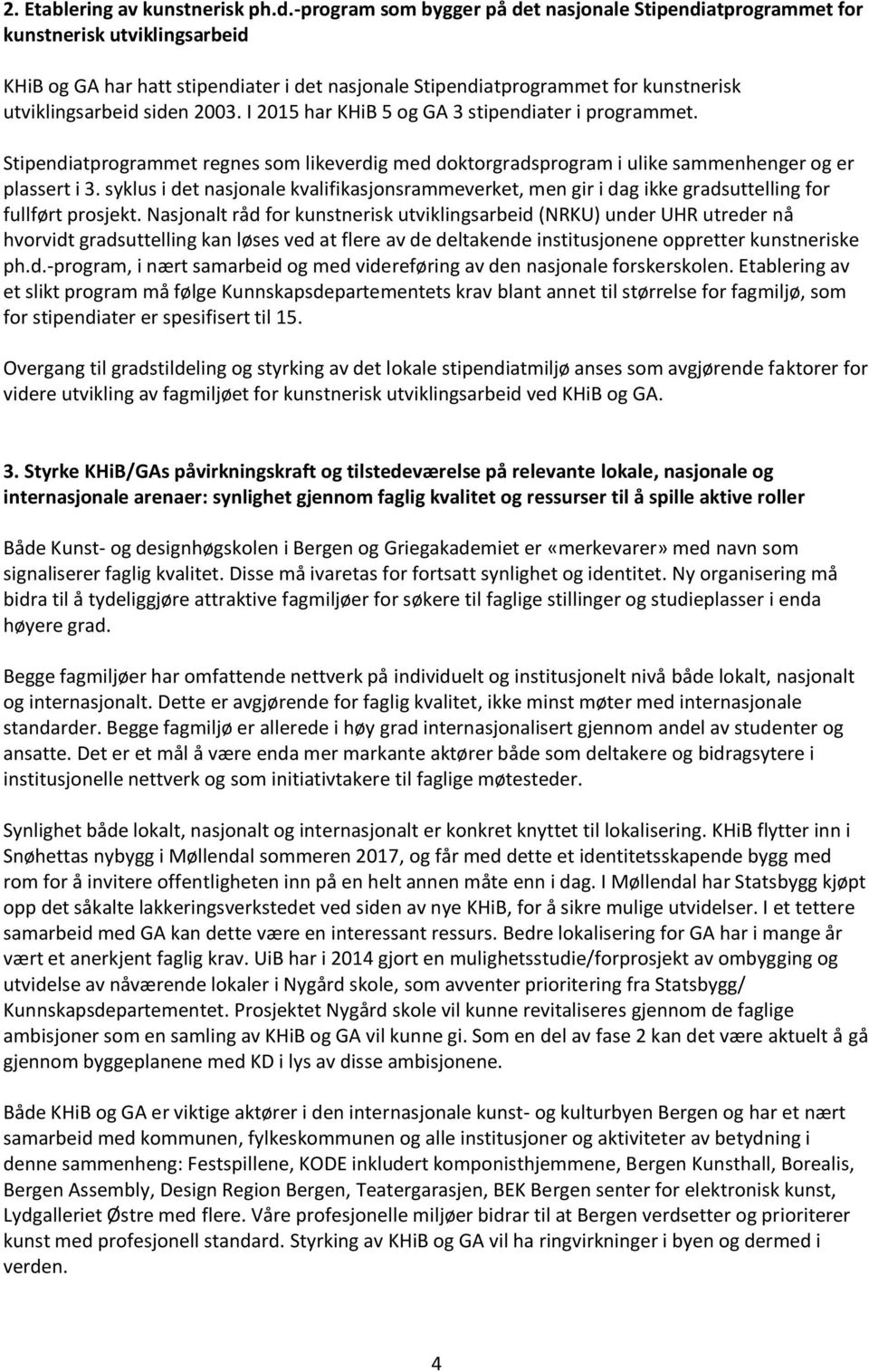 2003. I 2015 har KHiB 5 og GA 3 stipendiater i programmet. Stipendiatprogrammet regnes som likeverdig med doktorgradsprogram i ulike sammenhenger og er plassert i 3.