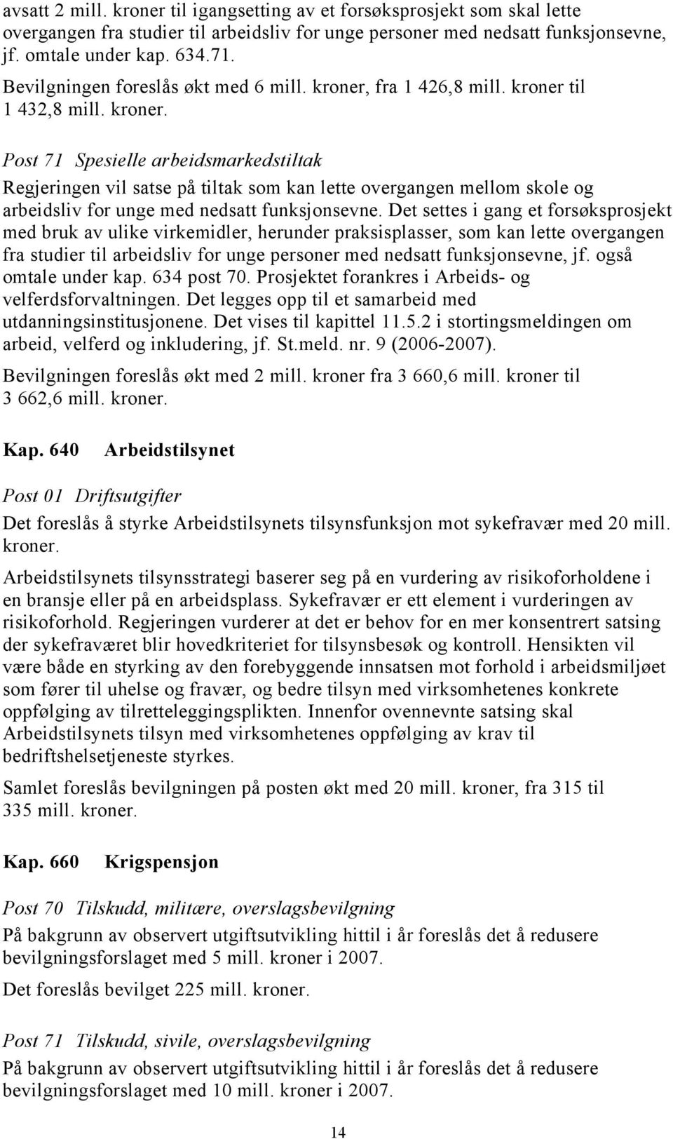 fra 1 426,8 mill. kroner til 1 432,8 mill. kroner. Post 71 Spesielle arbeidsmarkedstiltak Regjeringen vil satse på tiltak som kan lette overgangen mellom skole og arbeidsliv for unge med nedsatt funksjonsevne.