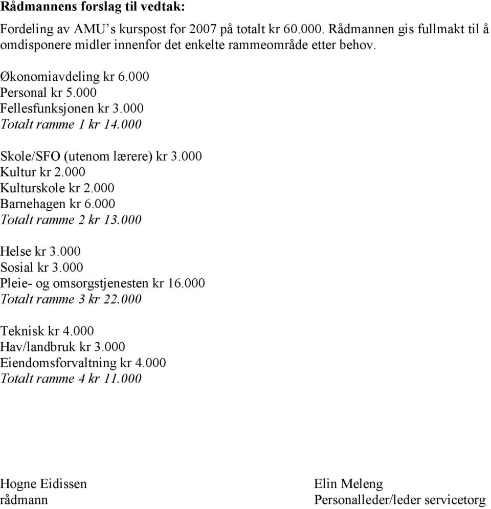 000 Totalt ramme 1 kr 14.000 Skole/SFO (utenom lærere) kr 3.000 Kultur kr 2.000 Kulturskole kr 2.000 Barnehagen kr 6.000 Totalt ramme 2 kr 13.000 Helse kr 3.