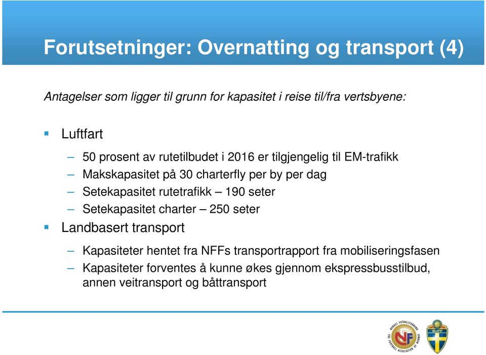 Setekapasitet rutetrafikk 190 seter Setekapasitet charter 250 seter Landbasert transport Kapasiteter hentet fra NFFs