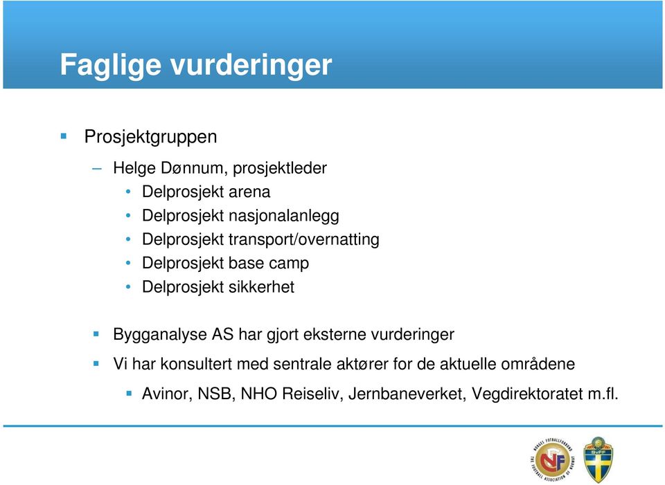 Delprosjekt sikkerhet Bygganalyse AS har gjort eksterne vurderinger Vi har konsultert med