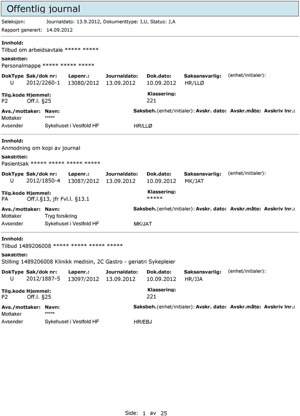 : Mottaker HR/LLØ nnhold: Anmodning om kopi av journal Pasientsak 2012/1850-4 13087/2012 MK/JAT Avs./mottaker: Navn: Saksbeh. Avskr. dato: Avskr.måte: Avskriv lnr.