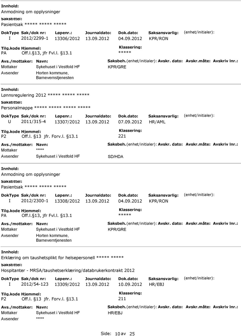 måte: Avskriv lnr.: Mottaker SD/HDA nnhold: Anmodning om opplysninger Pasientsak 2012/2300-1 13308/2012 04.09.2012 KPR/RON Avs./mottaker: Navn: Saksbeh. Avskr. dato: Avskr.