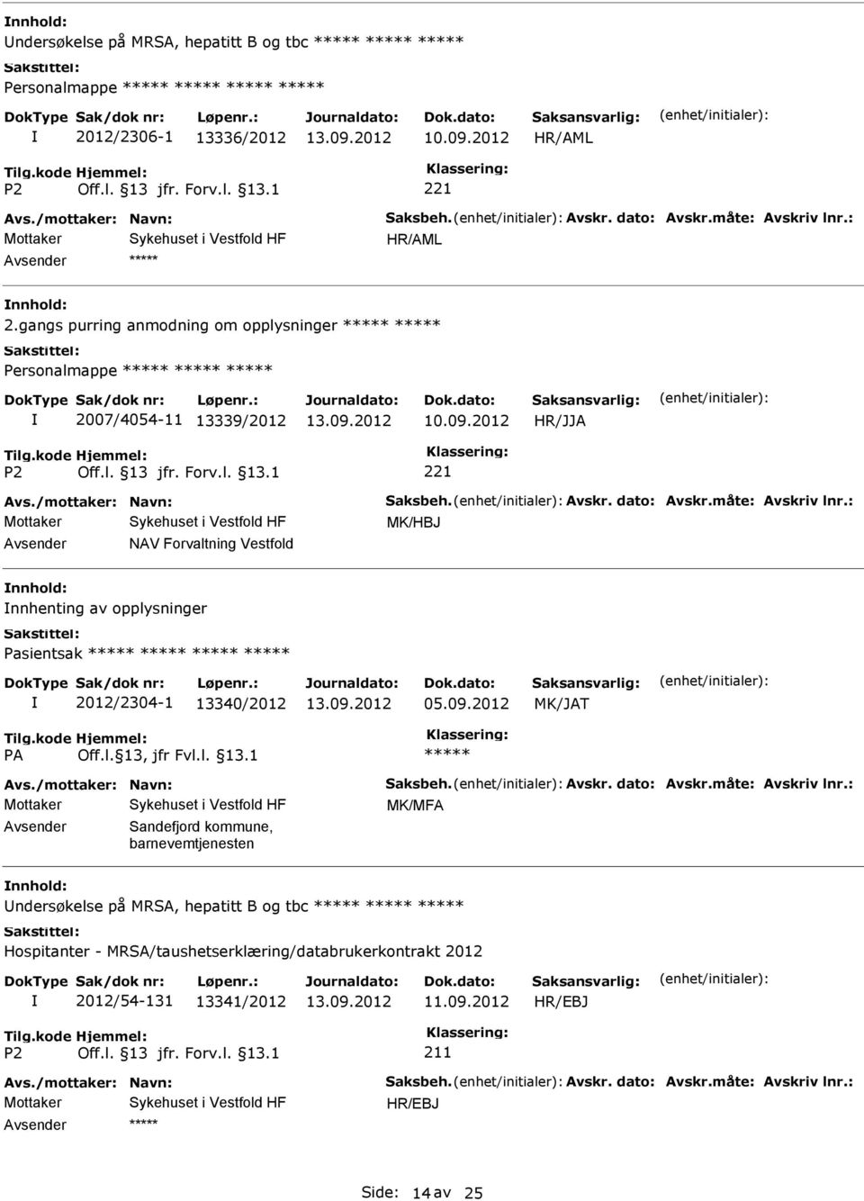 : MK/HBJ NAV Forvaltning Vestfold nnhold: nnhenting av opplysninger Pasientsak 2012/2304-1 13340/2012 05.09.2012 MK/JAT Avs./mottaker: Navn: Saksbeh. Avskr. dato: Avskr.