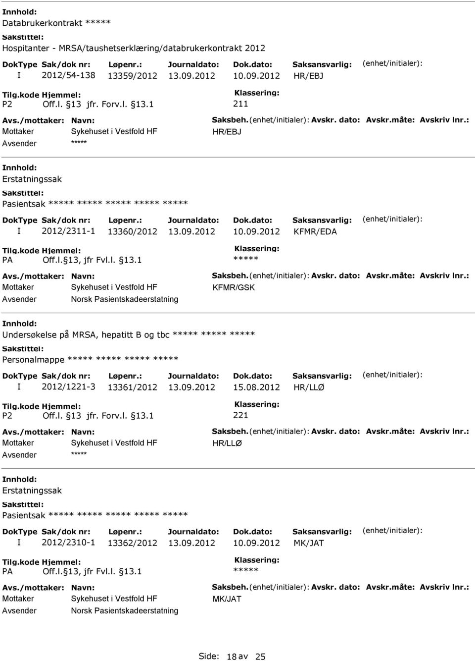 : KFMR/GSK Norsk Pasientskadeerstatning nnhold: ndersøkelse på MRSA, hepatitt B og tbc Personalmappe 2012/1-3 13361/2012 15.08.2012 HR/LLØ Avs.