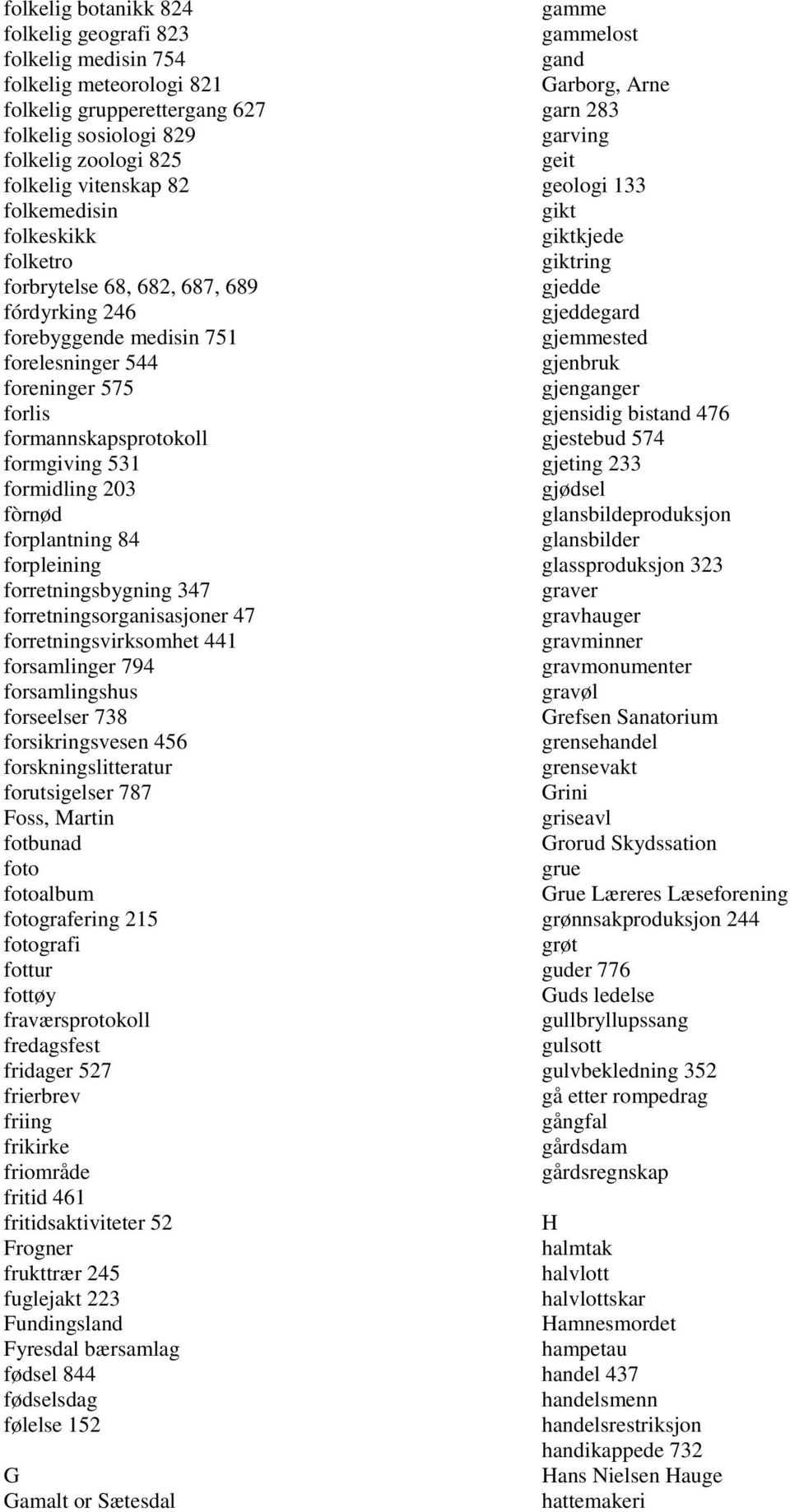 forplantning 84 forpleining forretningsbygning 347 forretningsorganisasjoner 47 forretningsvirksomhet 441 forsamlinger 794 forsamlingshus forseelser 738 forsikringsvesen 456 forskningslitteratur