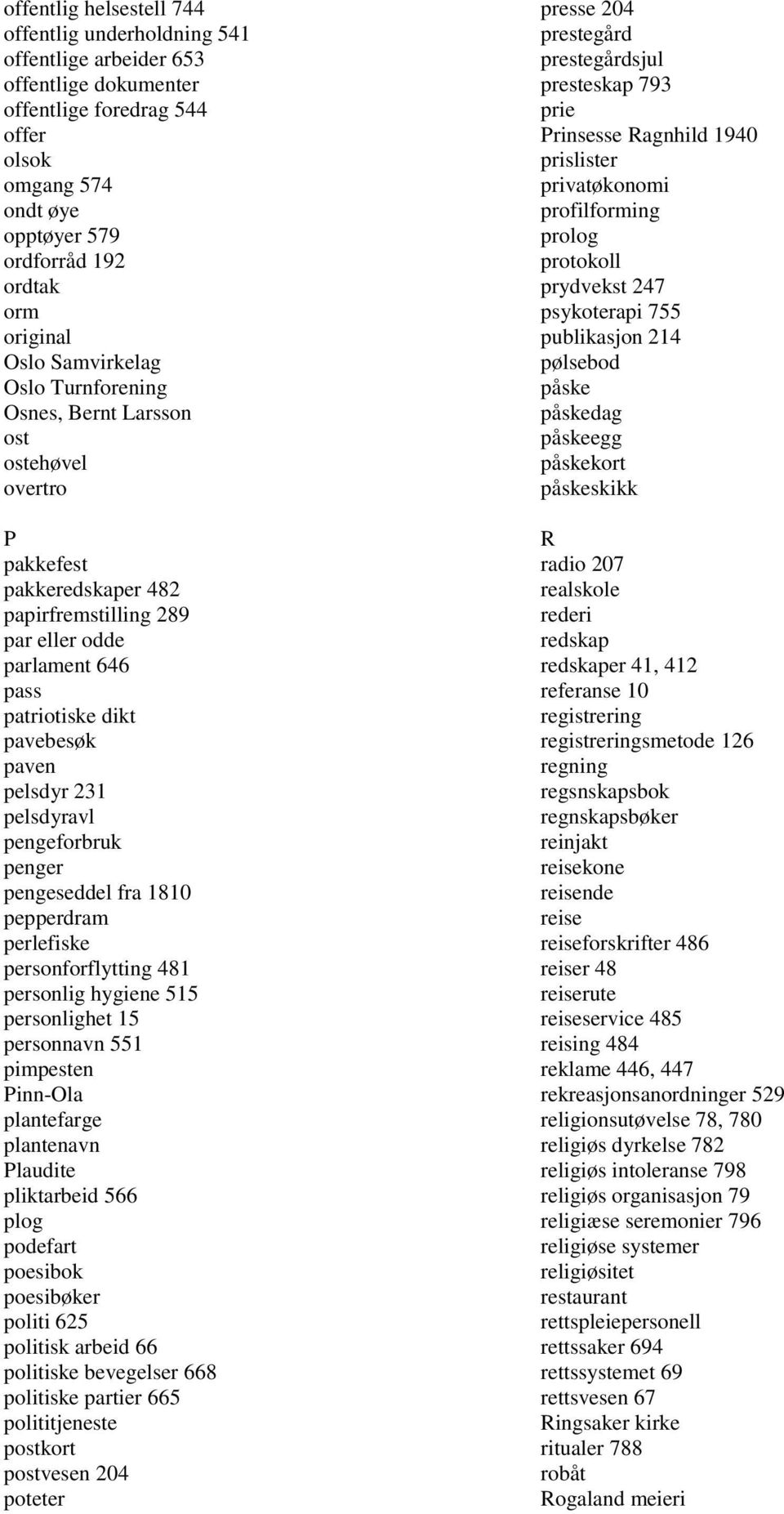 pavebesøk paven pelsdyr 231 pelsdyravl pengeforbruk penger pengeseddel fra 1810 pepperdram perlefiske personforflytting 481 personlig hygiene 515 personlighet 15 personnavn 551 pimpesten Pinn-Ola