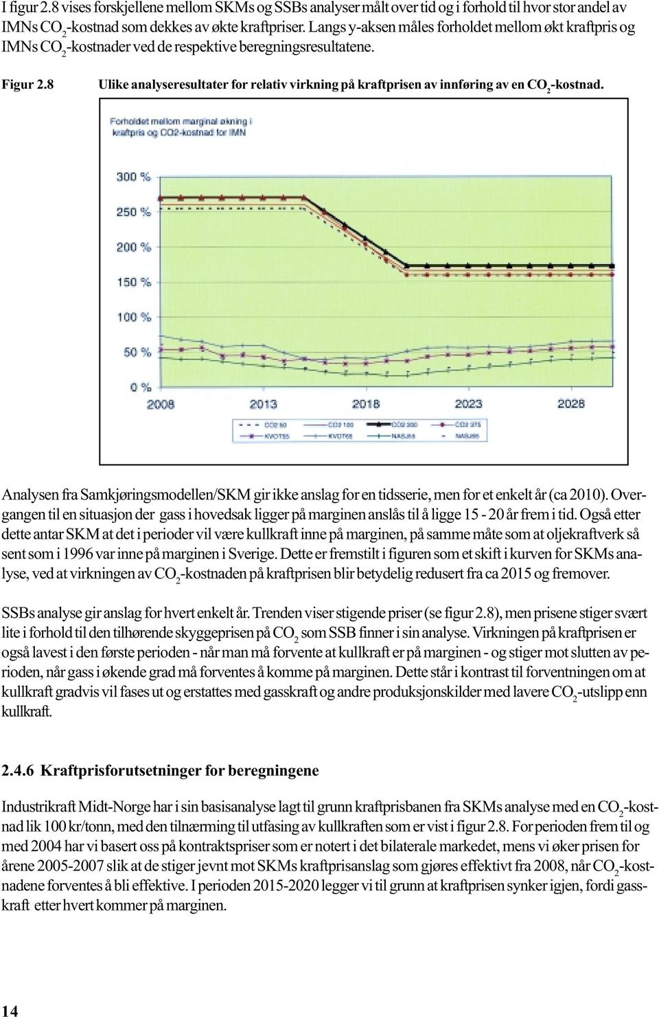 8 Ulike analyseresultater for relativ virkning på kraftprisen av innføring av en CO 2 -kostnad. Analysen fra Samkjøringsmodellen/SKM gir ikke anslag for en tidsserie, men for et enkelt år (ca 2010).