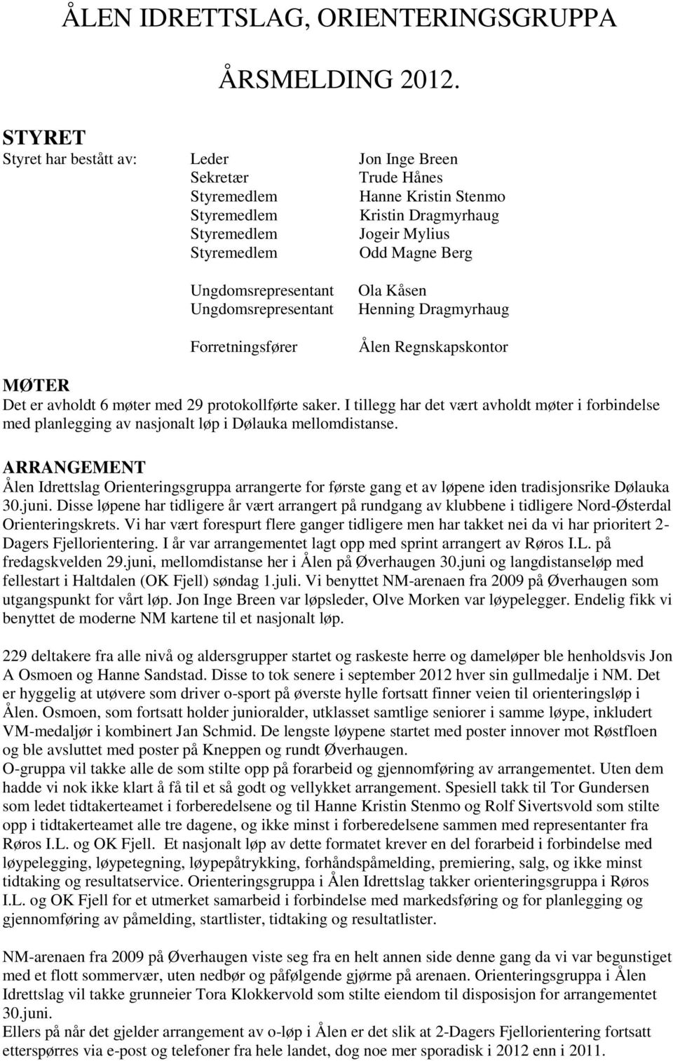 Ungdomsrepresentant Ungdomsrepresentant Forretningsfører Ola Kåsen Henning Dragmyrhaug Ålen Regnskapskontor MØTER Det er avholdt 6 møter med 29 protokollførte saker.