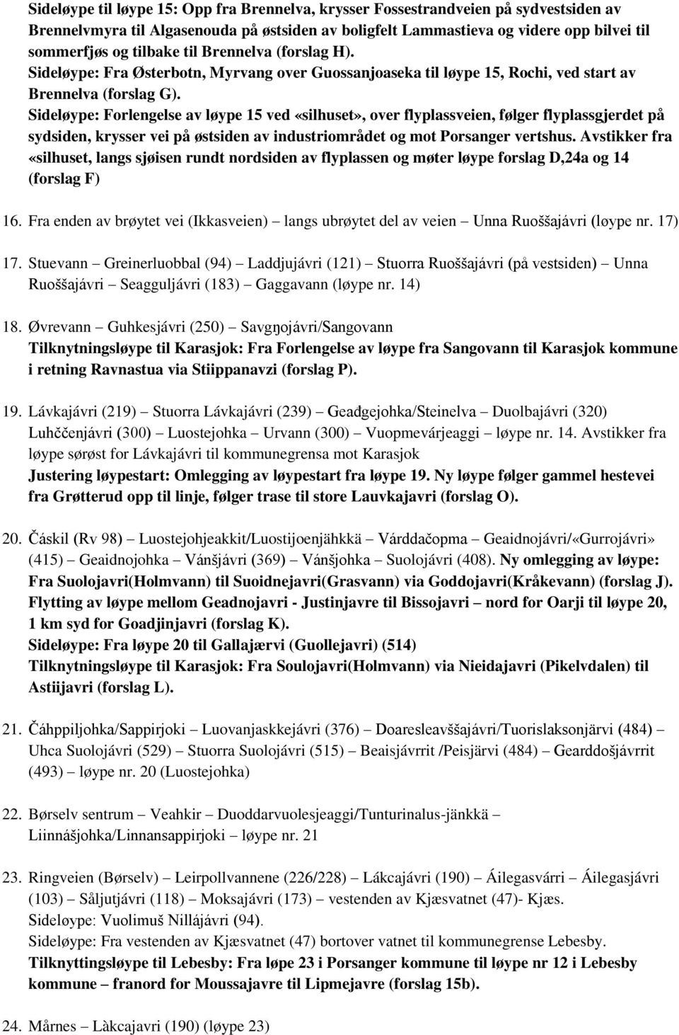 Sideløype: Forlengelse av løype 15 ved «silhuset», over flyplassveien, følger flyplassgjerdet på sydsiden, krysser vei på østsiden av industriområdet og mot Porsanger vertshus.