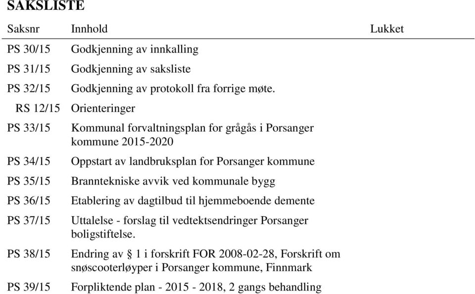 landbruksplan for Porsanger kommune Branntekniske avvik ved kommunale bygg Etablering av dagtilbud til hjemmeboende demente Uttalelse - forslag til